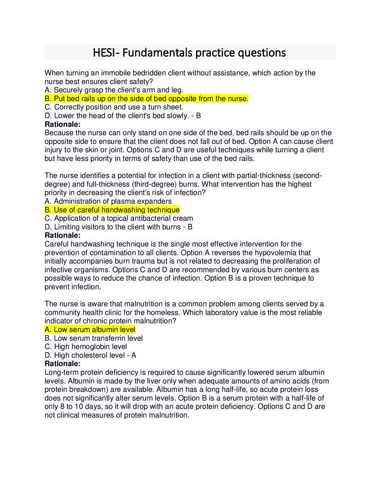 Preview image of HESI - Fundamentals practice questions document